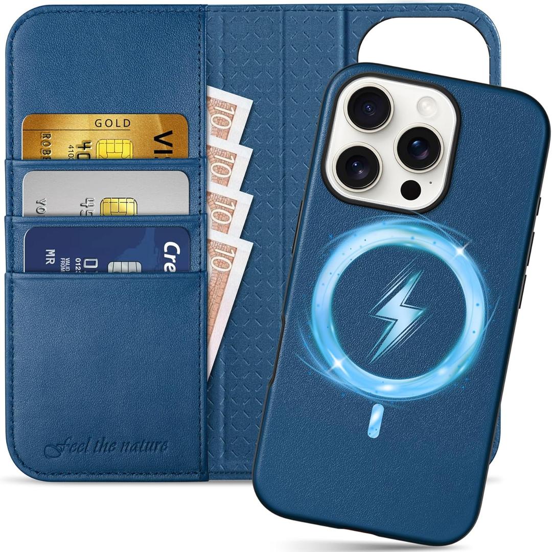 SHIELDON Wallet Case for iPhone 16 Pro 6.3", Genuine Leather 2 in 1 Book Magnetic RFID Blocking Card Slot Kickstand Wireless Charging Shockproof Cover Compatible with iPhone 16 Pro - Nappa Royal Blue