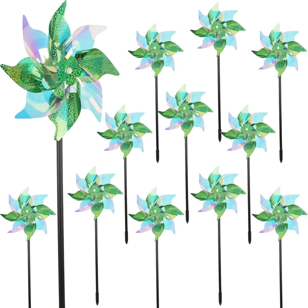 winemana 12 Pcs Reflective Pinwheels Outdoor, Wind Spinners for Yard & Garden, Sparkly Bird Repellent Windmill Scare Birds Away, Deterrent Devices for Outside Patio Lawn Spring Decor (Green)