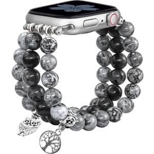 Newlibery Natural Stone Bracelet Beaded-Bands Women Compatible with Apple Watch 38mm 40mm 41mm 42mm (S10/11) Feminine Cute Handmade Stretch Strap for iWatch Series 11/10/9/8/7/6/5/4/3/2/1 SE 3/2/1 (A8 Grey Map)