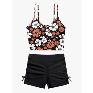 Girls Swimsuit V-neck Floral Print Tankini Solid Color Shorts Swimsuits for Teen Girls 2Pcs Set Bathing Suits For Girls, Size 15-16 Years