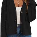 GREAIDEA Women's Fall Chunky Knit Open Front Sweaters Long Sleeve Button Cardigan 2025 Loose Short Outerwear Coats (Black, L)