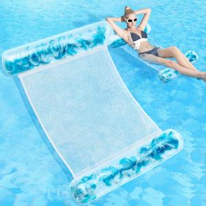 Sratte Pool Float and Water Hammock, Summer Clear Pool Tube with Feather, Multi Purpose Inflatable Water Floaties PVC Material for Adults, Swimming Pool, Lake, Beach, Pool Accessories (Blue, White)