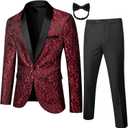 Mens 2 Piece Floral Tuxedo Jacket Paisley Shawl Lapel Suit Blazer Jacket for Dinner,Prom,Wedding (Burgundy)