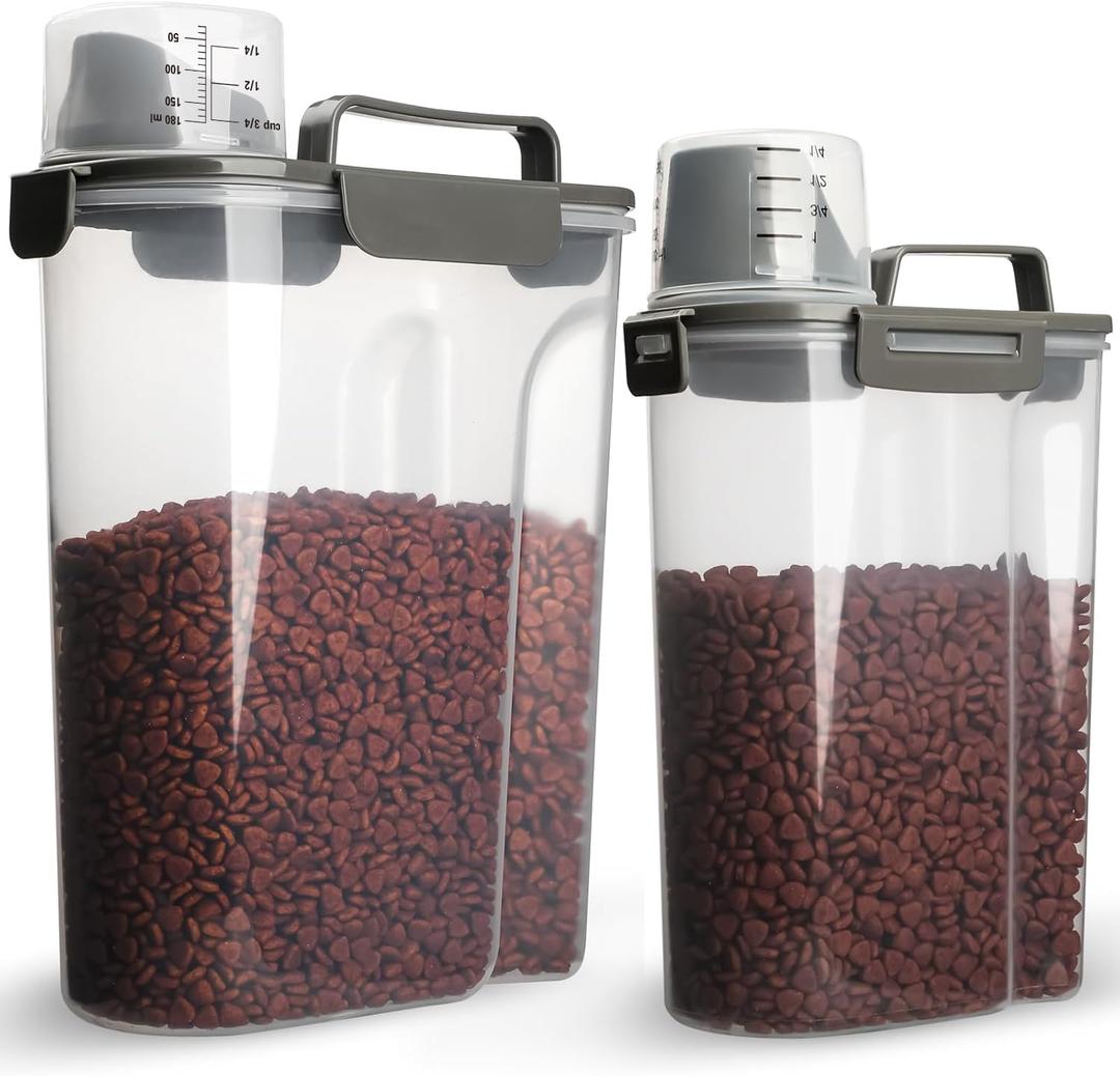 Dog Food Storage Container, 5-7 Lbs Airtight Pet Food Container, Cat Food Container Dispenser with Portable Handle, Pouring Spout and 4 Seal Buckles for Dogs Cats 2 Pack Grey (Grey 6Qt+3QT)