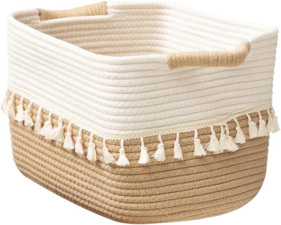 Woven Storage Bin, Cotton Rope Basket for Storage, Clothes Boho Basket Bin for Organizing, Fabric Basket for Books, Plants, Pet Treats, White & Jute, ‎14.56x10.63x6.69 inch