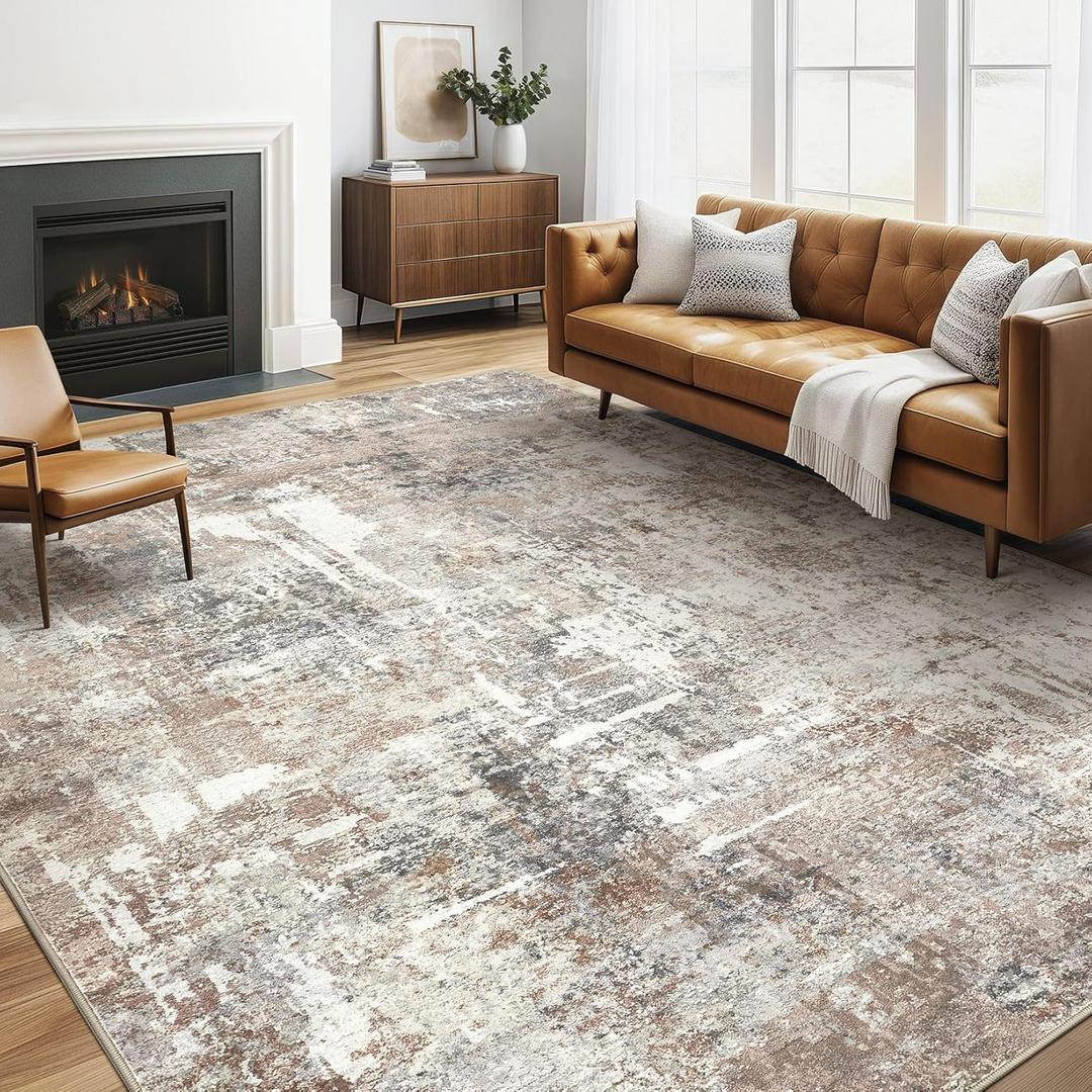 6x8 Area Rug Living Room: Machine Washable Large Abstract Modern Soft Rugs Stain Resistant Indoor Floor Non Slip Accent Carpet for Bedroom Nursery Playroom Office Dining Room Dorm Home House- Brown