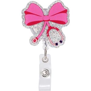 Pink Bow Nurse Badge Reel, 360 Rotation Articulator Clip Cute Nursing Badge Reel ID Holder Decor for RN LPN CNA Doctors Teachers Healthcare Workers Assistant Accessories