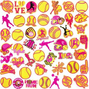Hotop 48 Pcs Softball Iron on Patches Embroidered Softball Patches Baseball Party Favors Sport Ball Backpacking Sew on Appliques for Hats Jeans Clothes Backpack Cap DIY Crafts Sports Club Team Gifts