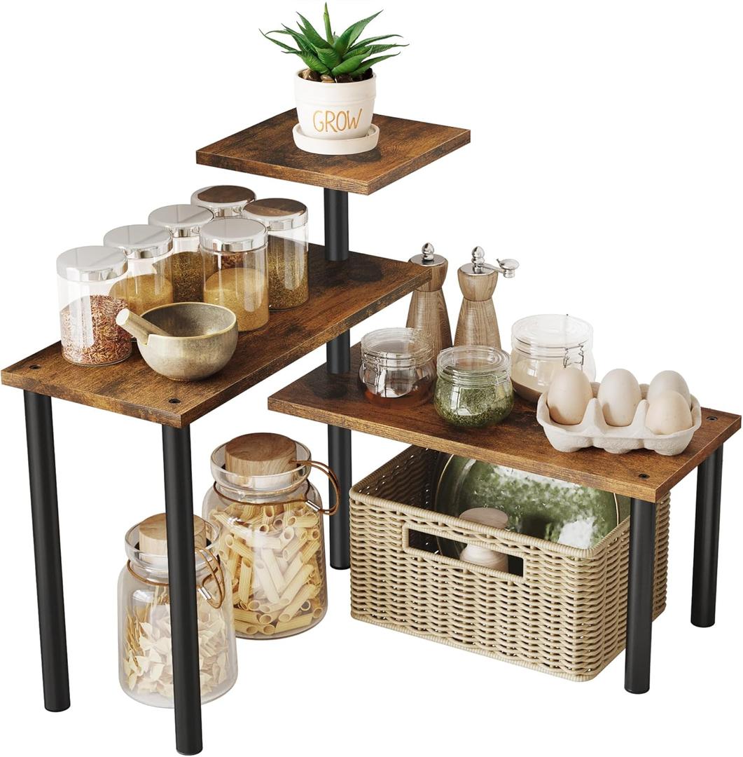 Countertop Organizer Corner Shelf - 3 Tier Moveable Counter Organizer Storage for Kitchen, Bathroom, Spice Rack, Coffee Area, Over Sink, Dresser Table, Rustic Brown