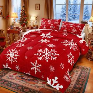 Christmas Comforter Snowflake Comforter Set White Snowflake Red Christmas Printed Xmas Festival Bedding Set King 1 Comforter 2 Pillowcases 1 Cushion Cover (King, Red)