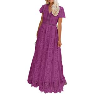 MEROKEETY Women's 2026 V Neck Short Sleeve Floral Lace Wedding Dress A Line Boho Bridesmaid Cocktail Party Maxi Dress (Plum, L)