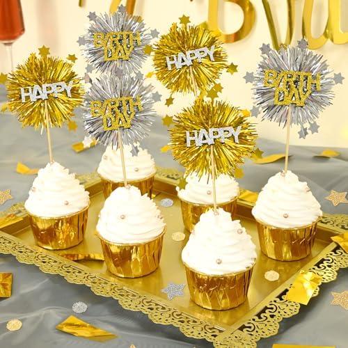 LOLStar 12 PCS Happy Birthday Cake Toppers, Gold and Silver Foil Cupcake Toppers, Glitter Tinsel Cupcake Decor, Food Picks Drink Stirrers Cocktail Toothpicks for Celebrating Party Supplies, Set of 2