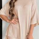Womens 2 Piece Lounge Set 2026 Summer Travel Outfit Casual Short Sleeve Oversized Tshirts & Biker Shorts (Beige, S)