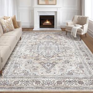 9x12 Area Rug Living Room: Washable Boho Large Neutral Vintage Soft Rugs Stain Resistant Farmhouse Non Slip Indoor Floor Carpet for Bedroom Nursery Kids Playroom Office Dining Room Home- Ivory Gray