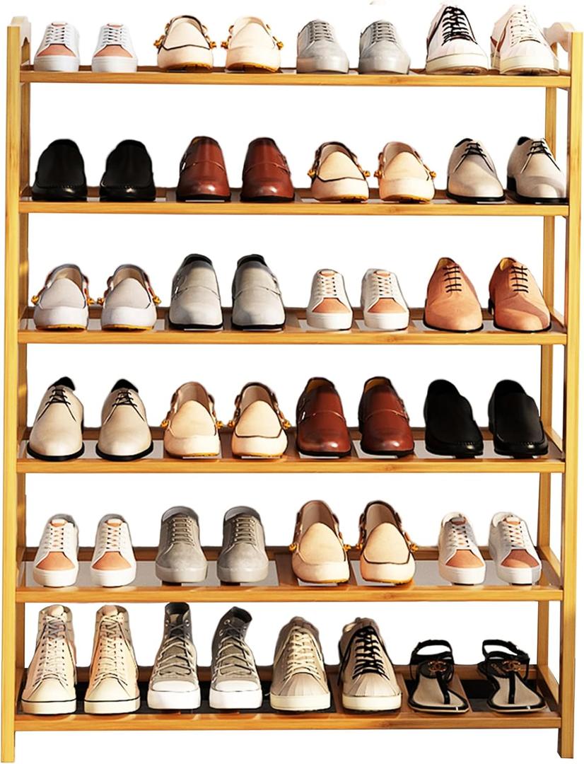 6-Tier Bamboo Shoe Rack, Free Standing Shoe Racks for Entryway & Closet, Holds up to 18-24 Pairs of Shoes 26.8" x 37.4" x 9.1"