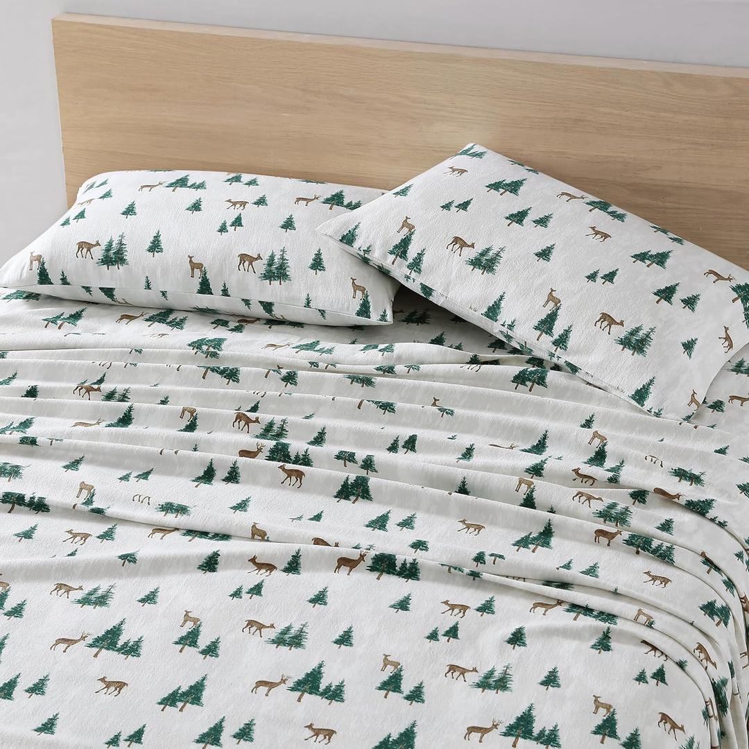 Eddie Bauer - Flannel Sheets Queen Size, Anti-Pilling & Wrinkle Resistant Cotton, Touchably Soft for All-Season Comfort - Bed Sheets with Matching Pillowcases & Fitted Sheet (Deer Hollow Green)