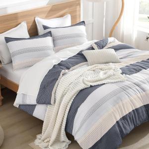 Litanika Comforter Set Queen Size Blue Yellow - 3 Pieces Lightweight Blue Yellow White Colorblock Stripe Fluffy Bedding Comforter Sets, All Season Bed Set
