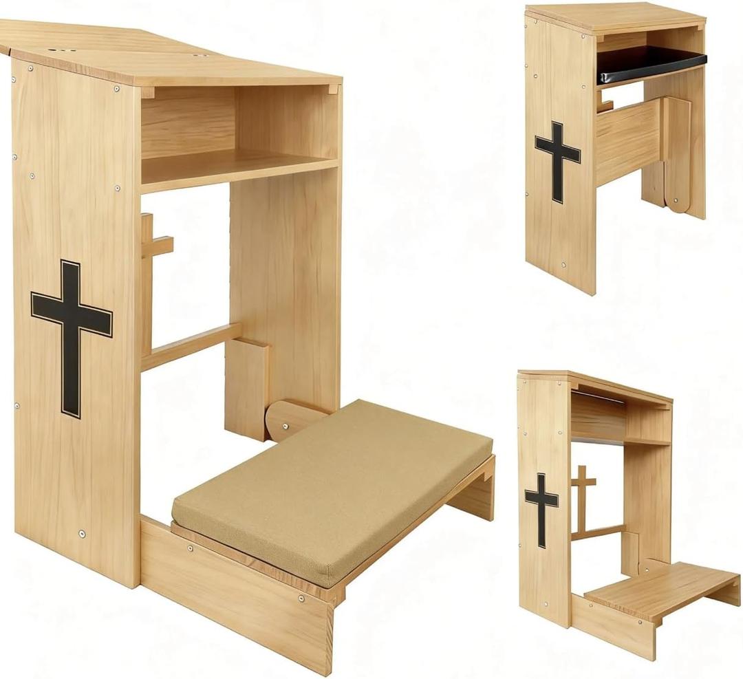 Wooden Prayer Kneeler with Storage Shelf & Cushion - Folding Prayer Bench for Home and Church, Comfortable Kneeling Devotional Pew Bench, 32" H x 22" W, 10" x 39" x 8"