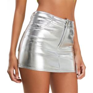 Metallic Shiny Skirts Y2K Low Waist Sparkly Rave Bodycon Mini Cargo Skirts with Pocket (Gray, L)