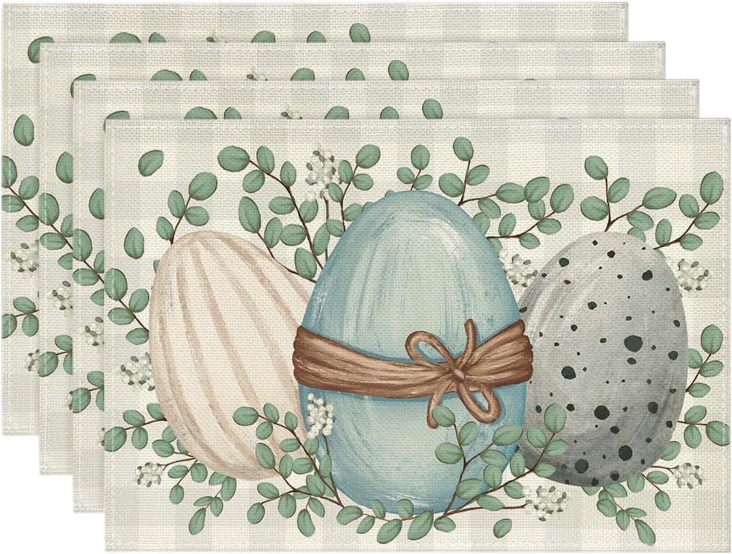 Artoid Mode Eucalyptus Eggs Easter Placemats Set of 4, 12x18 Inch Spring Seasonal Table Mats for Party Kitchen Dining Decoration