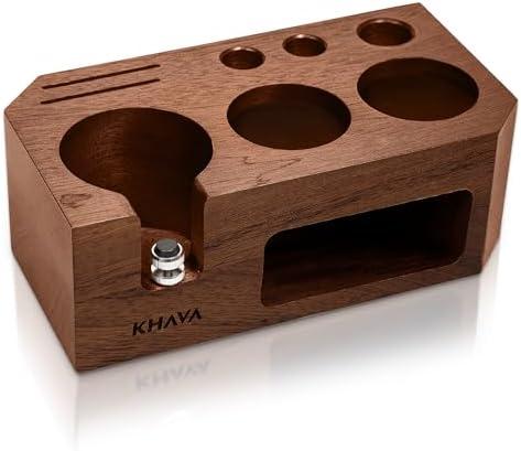 KHAVA Espresso Tamping Station | Wooden Coffee Tamper Station 51-54 mm | Espresso Organizer & Portafilter Holder | Coffee Station Organizer for Countertop | Espresso Accessories for Coffee Bar, Brown
