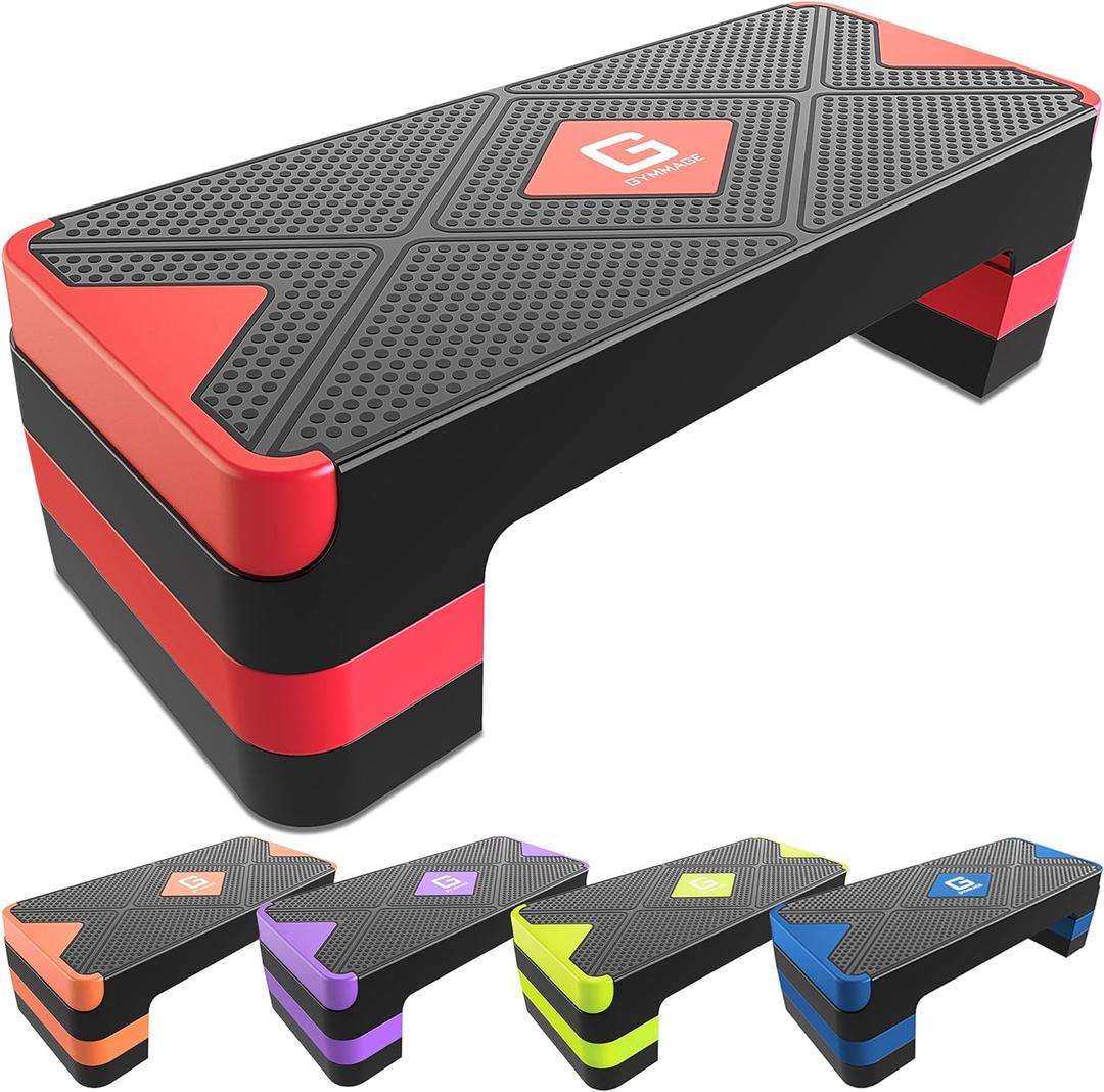 GYMMAGE Aerobic Exercise Step, Adjustable Aerobic Stepper for Exercise, Workout Step Platform for Step Up, 26.5" Step Deck with 4 6 8 Adjustable Height Risers, Women Home Gym Cardio Fitness (Red)