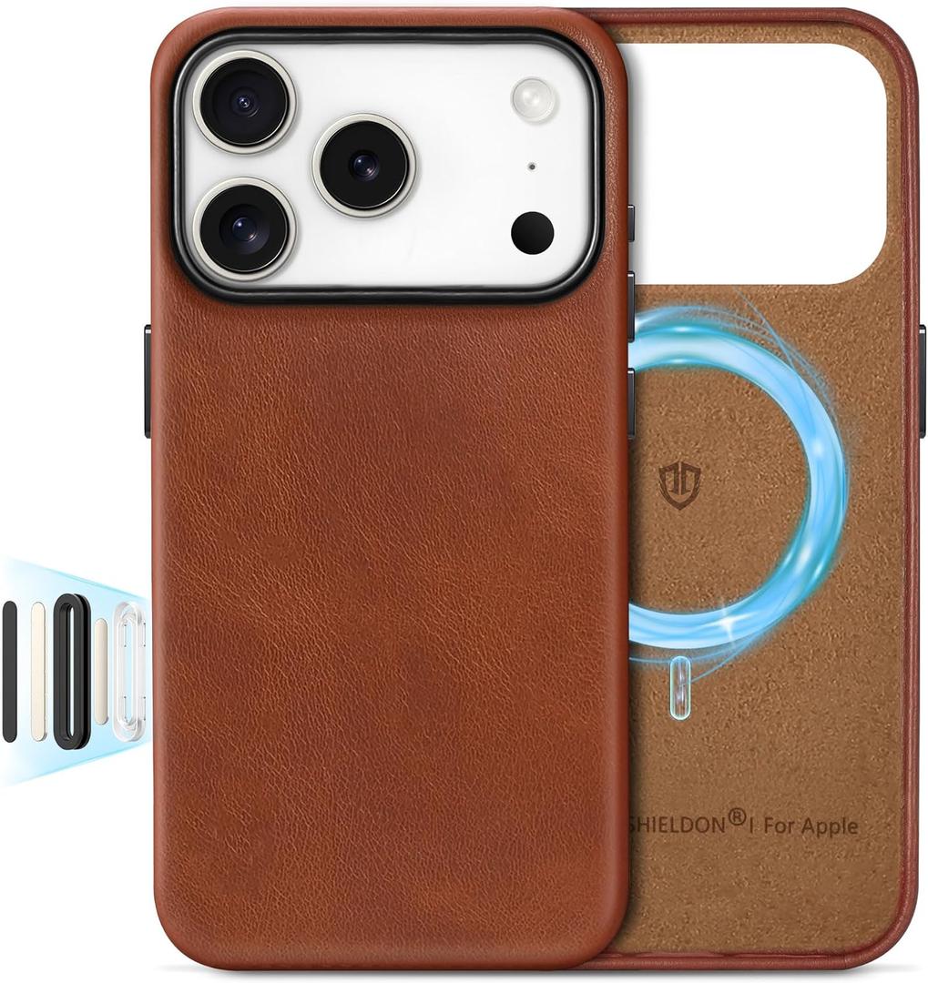 SHIELDON Genuine Leather Case for iPhone 17 Pro 6.3" 2025, [Camera Button Updated], Compatible with Magsafe, Magnetic Wireless Charging, Anti-Scratch, Shockproof Protective Cover - Retro Brown