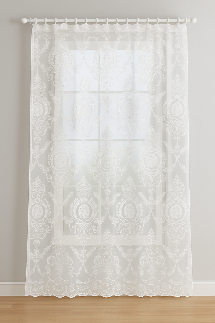 White Sheer Curtains for Living Room Bedroom, Scalloped Sheer Curtain Floral Embroidered Farmhouse Window Drapes Vintage European Tulle Retro Style, Rod Pocket, , 82"x52" 