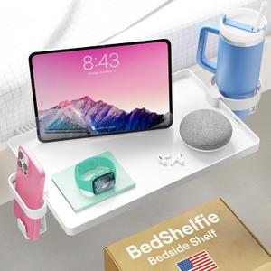 BedShelfie Bedside Shelf for Dorm Room Bunk Bed & Top Bunk, College Dorm Room Essentials, Bedside Caddy, Clip on Floating Tray, Bed Side Table Storage, Loft Nightstand Decor - Dorm Essential, White