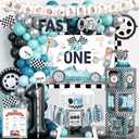 Birthday Decorations for Boys, Birthday Decorations Boy, Vintage Car Themed Backdrop Balloon Banner Boxes Crown Poster for Retro Blue First Party Supplies
