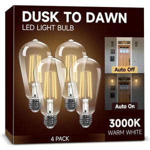 Dusk to Dawn Light Bulbs: Outdoor Light Bulbs, 6W Equivalent 60W Edison Bulbs, 3000K Warm White, Vintage 600LM LED Outdoor Lighting, E26 Base, Photocell Sensor, Automatic Bulb for Porch Patio, 4 Pack