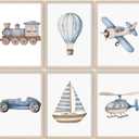Vintage Baby Boy Nursery Wall Art Blue Transportation Car Airplane Painting Picture Wall Decor Toddler Vehicle Train Boat and Hot Air Balloon Poster Print Artwork for Kids Boys Room Bedroom Decorate (10L''x8W'')