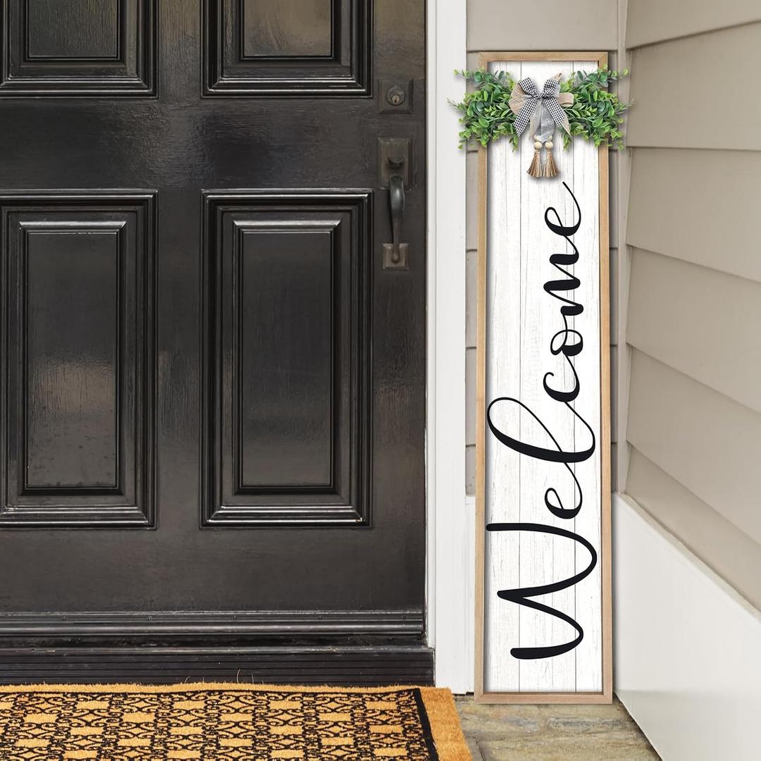 Welcome Sign for Front Porch Standing Large Outdoor Decor 45"X9" Vertical Leaner Wood Frame Porch Tall Welcome Signs for Outside Front Door Wall Decor (Wood)