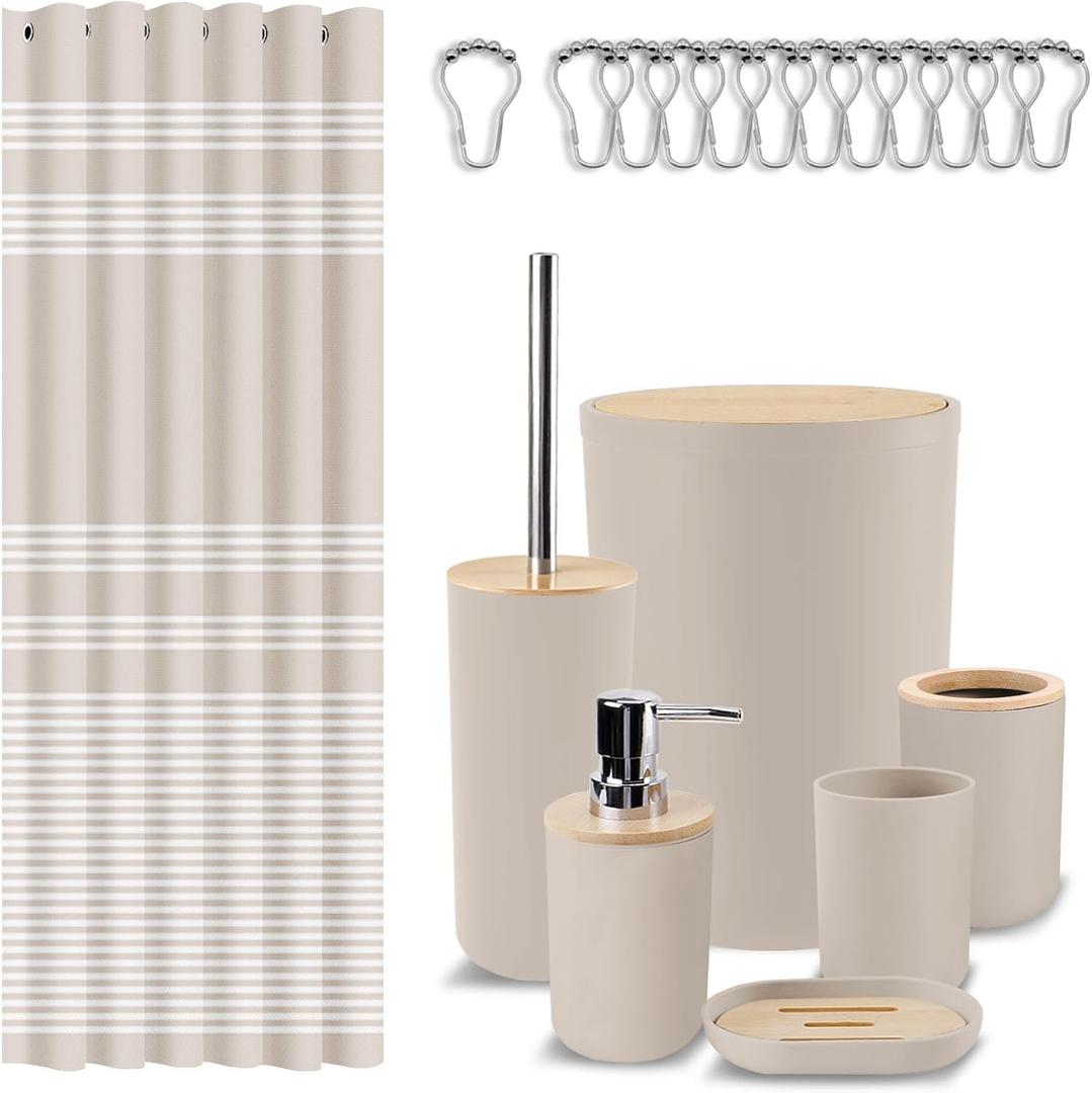 Britimes Bathroom Accessories Sets, Boho Shower Curtain Set with Trash Can, Soap Dispenser, Toilet Brush Holder, Toothbrush Holder and Toothbrush Cup for Bathroom Decor (Beige)