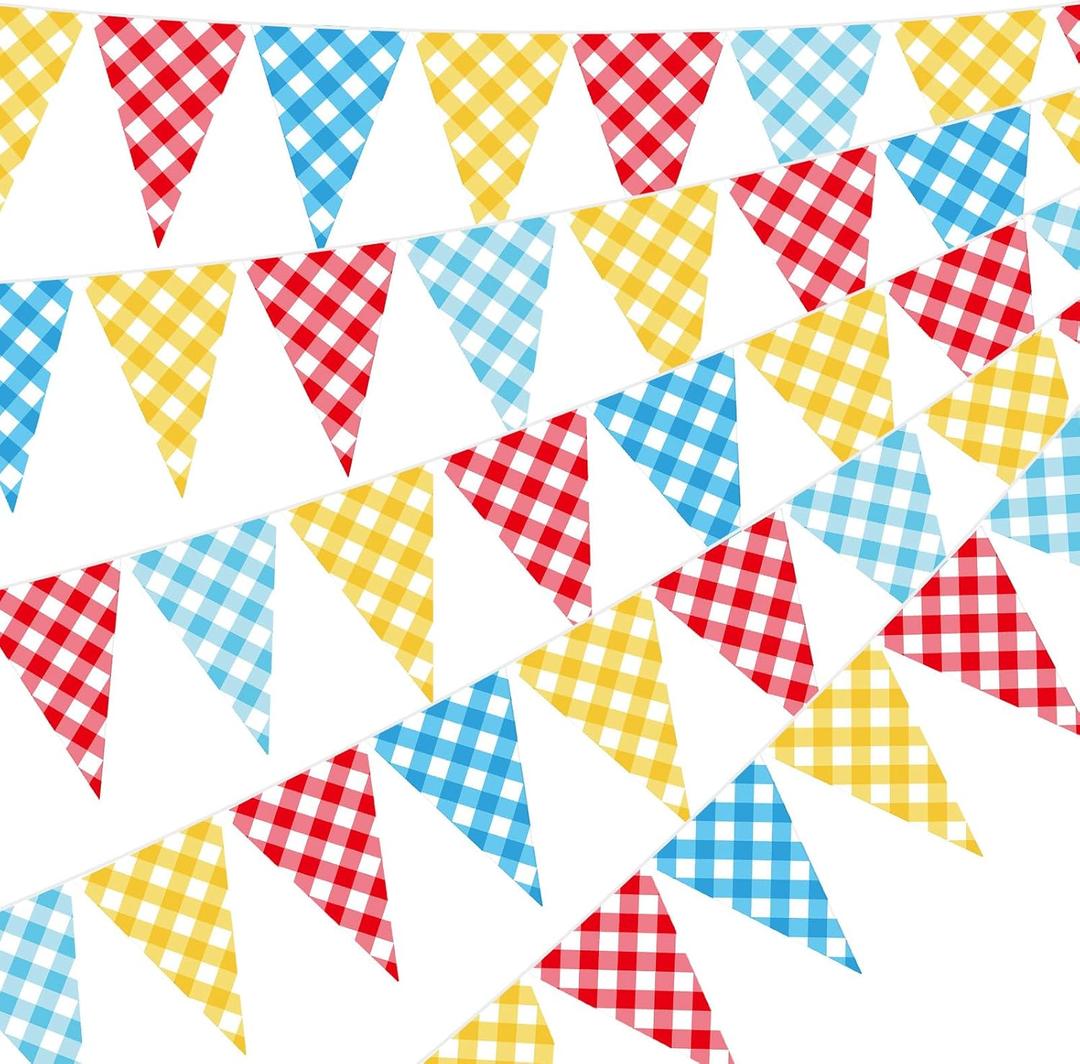 Pasimy 5 Pcs County Fair Party Decorations County Fair Carnival Hanging Pennant Banner Red Yellow Blue Checkered Triangle Flag Pennant Farm Theme Bunting Banner Garland for Birthday Party Supplies