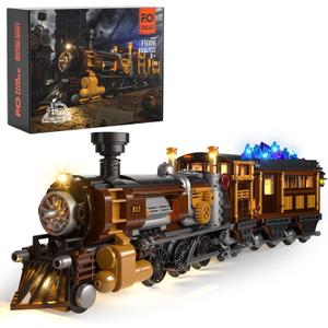 FUNWHOLE Train Lighting Building Bricks Set - Steampunk Ore Train LED Light Building Set 1056 Pieces for Adults and Teens