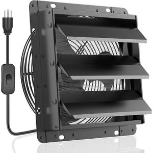 HG Power 10 Inch Shutter Exhaust Fan, 647CFM Quiet Garage Exhaust Fan with 8 Foot Long ON/OFF Switch Cable for Chicken Coop, Shed, Basement, Gable, Kitchen, Attic Ventilation Use, Black