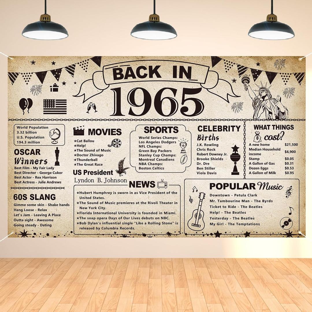 DARUNAXY 60th Birthday Party Decorations, Vintage Back in 1965 Banner 60 Year Old Birthday Party Poster Supplies Vintage 1965 Backdrop Photography Background for Men & Women 60th Class Reunion Decor