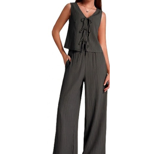 Women's Pants and A TBeryLove Two Piece Summer Matching Sets For Women Airport Vacation V Neck Crop Tank Top Wide Leg Pants 2 Piece Set 2025 Lounge Outfits 606 Black Mshirt