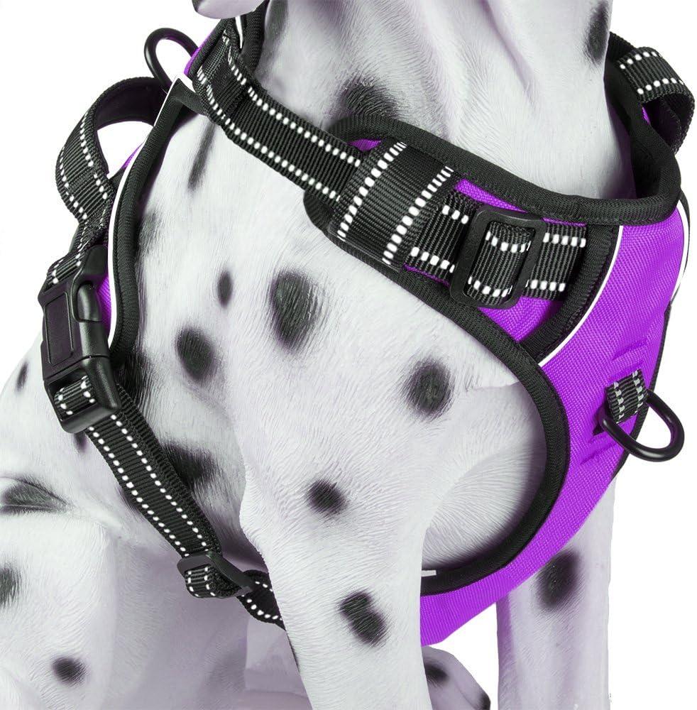 PoyPet No Pull Dog Harness, Reflective Comfortable Vest Harness with Front & Back 2 Leash Attachments and Easy Control Handle Adjustable Soft Padded Pet Vest for Small to Large Dogs (Purple,M) (Medium)