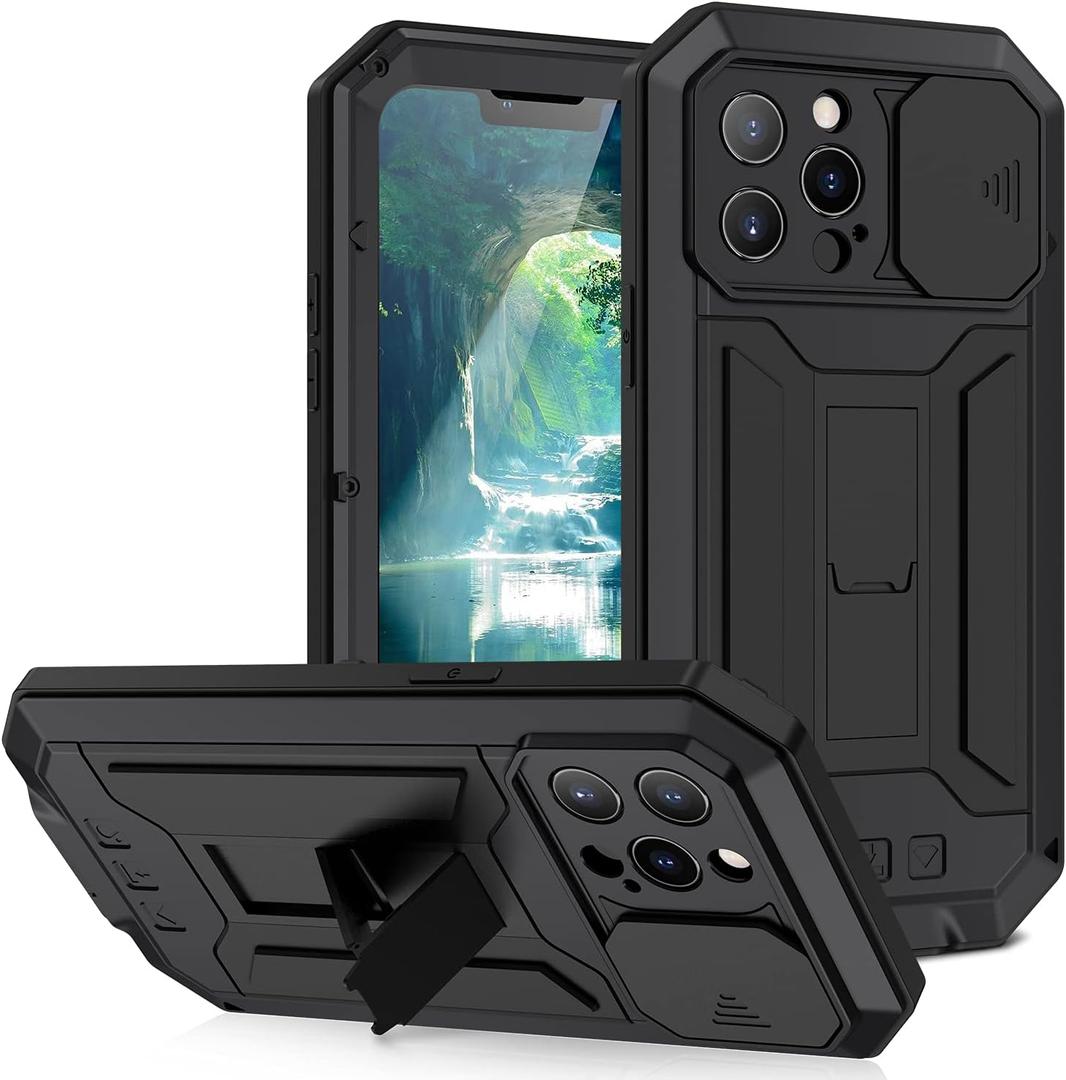 iPhone 13 Metal Case with Screen Protector Kickstand Camera Slide Cover - Heavy Duty Military Sturdy Armour Shockproof for Man (Black)