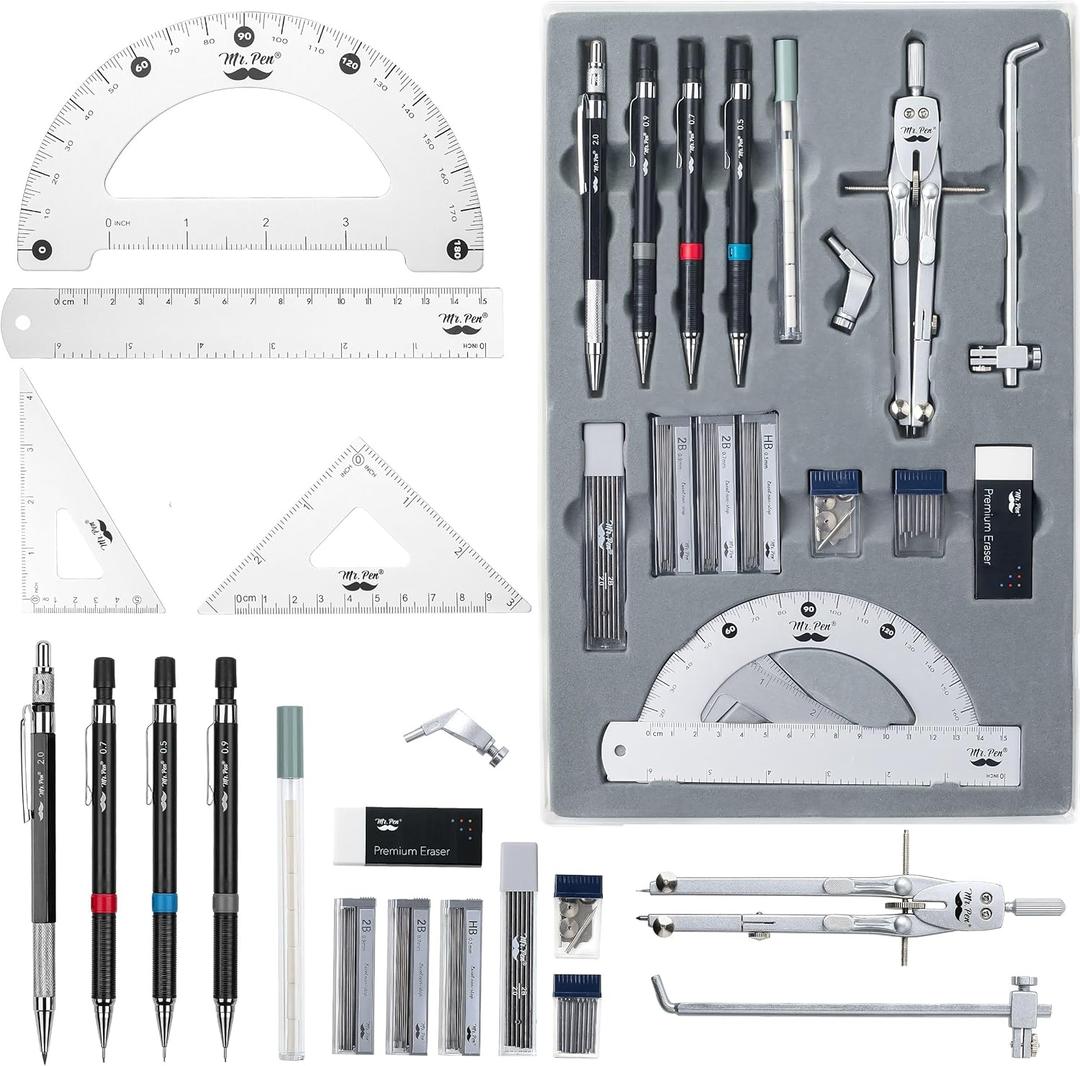 Mr. Pen- Professional Geometry Set, Silver Geometry Kit for Artists, Metal Rulers and Compasses, Mechanical Pencil Set, Drafting Tools & Drafting kits