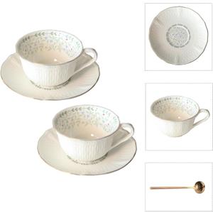 Vintage Floral Porcelain Tea Cup and Saucer Set with Spoon, Gold Trim, 6.4 oz – Set of 2, Light Blue – Tea & Espresso & Coffee Cups (2, Light Blue)
