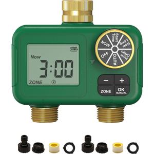 MOES 2 Zone Water Timer for Garden Hose, Heavy Duty Solid Brass Inlet & Outlets, Programmable Sprinkler Timer Battery Operated, Automatic Dual Faucet Valve with Sequential Watering (Non-WiFi)