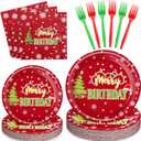 Havawish 96 Pcs Christmas Birthday Decorations Set Merry Birthday Christmas Paper Plates and Napkins Forks Disposable Xmas Tableware Set for Xmas New Year Decorations, 24 Guests (Red)