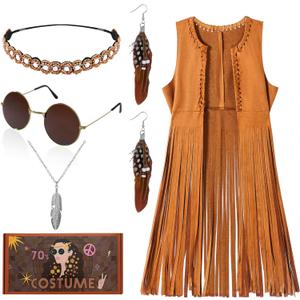 60s 70s Outfits for Women Disco Hippie Costume Clothes Cowgirl 70s Halloween Tops Women Fringe Vest Accessories (M, Brown)