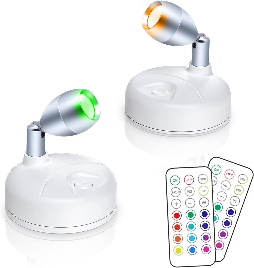 Small Spotlight Battery Operated Accent Light with Remote, RGB LED Wireless Little Spot Light Rotatable with Dimmer & Timer for Artwork Painting