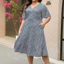 Keluummi Plus Size Summer Midi Dresses for Curvy Women, Casual Boho Floral V Neck Dress with Pockets (Blue)