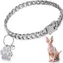 Hillban Cat Collar Diamond Chain Glitter Collar Walking Metal with Secure Buckle Cat Pet Necklace with Paw Charm and ID Tag Bell Link Cuban Jewelry Accessories Gift(8 Inch, Silver)