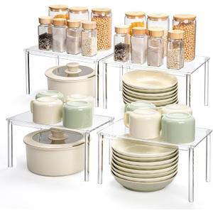 Acrylic Cabinet Organizer, Set of 4 Spice Rack Organizer for Cabinet, Desk Countertop Shelf Organizer, Pantry Kitchen Storage and Organization, Stackable Shelves House Essentials for Gift